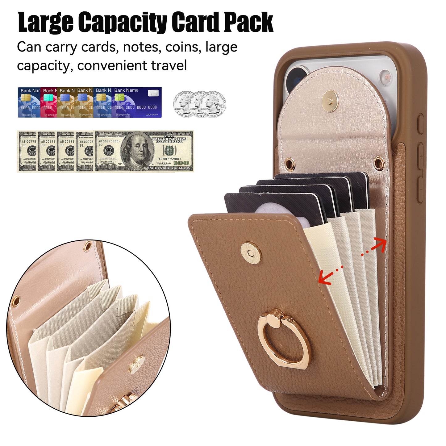 Leather iPhone Cases With Card Holder And Strap（With Stand）Brown-BC25030