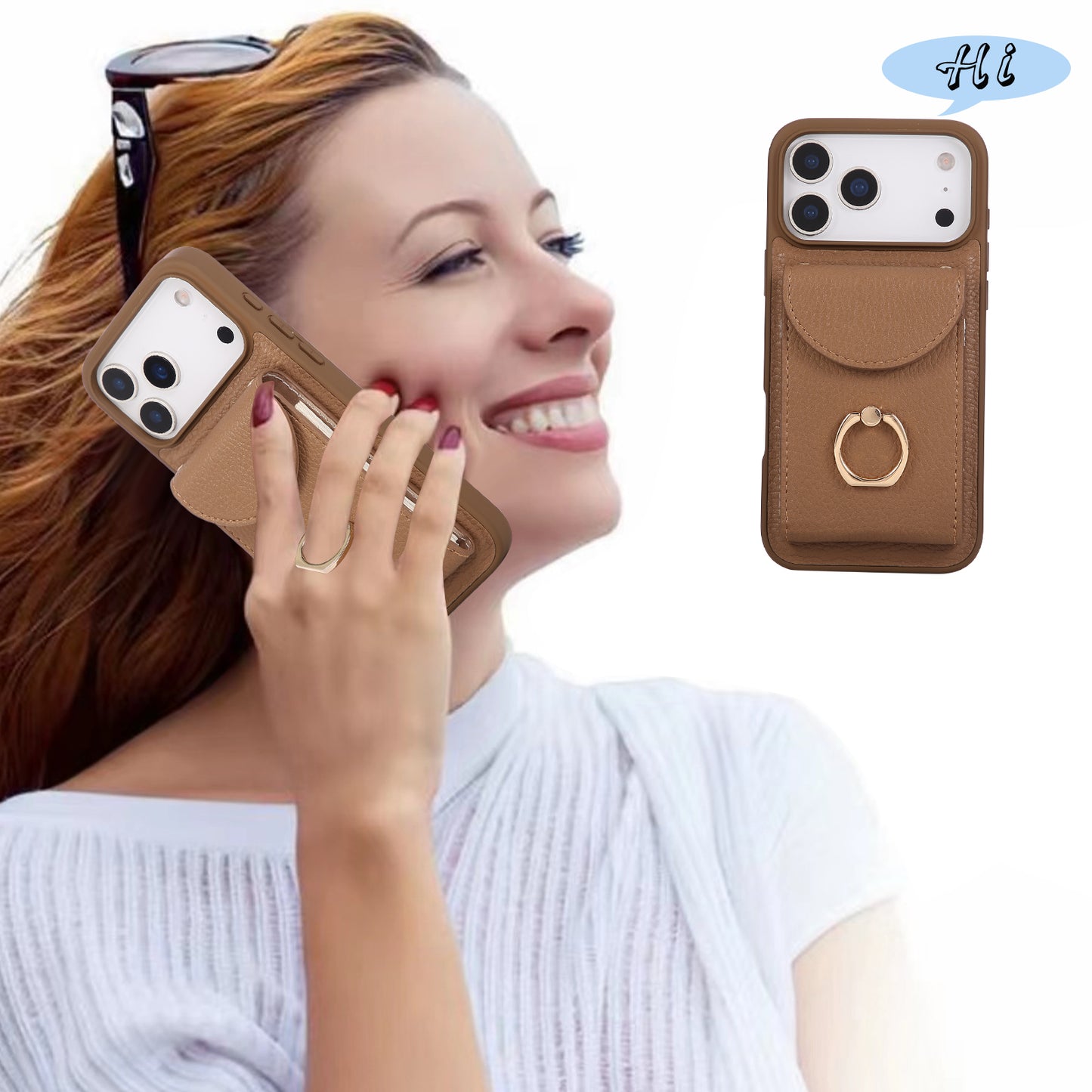 Leather iPhone Cases With Card Holder And Strap（With Stand）Brown-BC25030