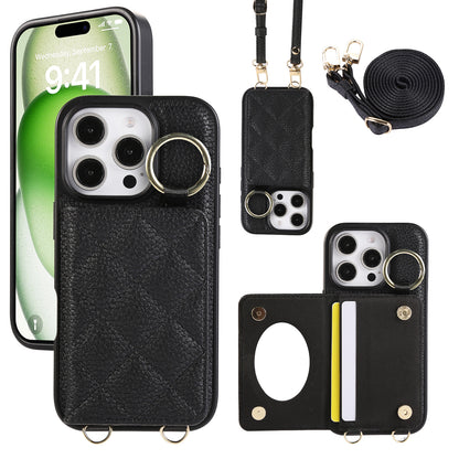 Leather iPhone Cases With Card Holder And Strap（With Mirror）Black-BC25033