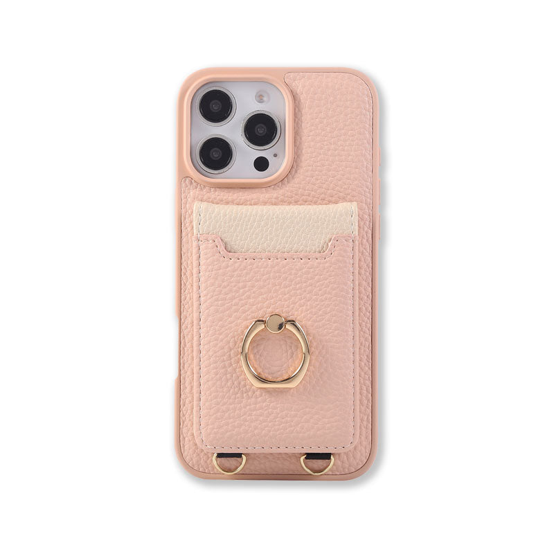Leather iPhone Cases With Card Holder And Strap（With Stand）Pink-BC25039