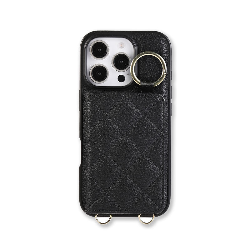 Leather iPhone Cases With Card Holder And Strap（With Mirror）Black-BC25033