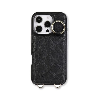 Leather iPhone Cases With Card Holder And Strap（With Mirror）Black-BC25033