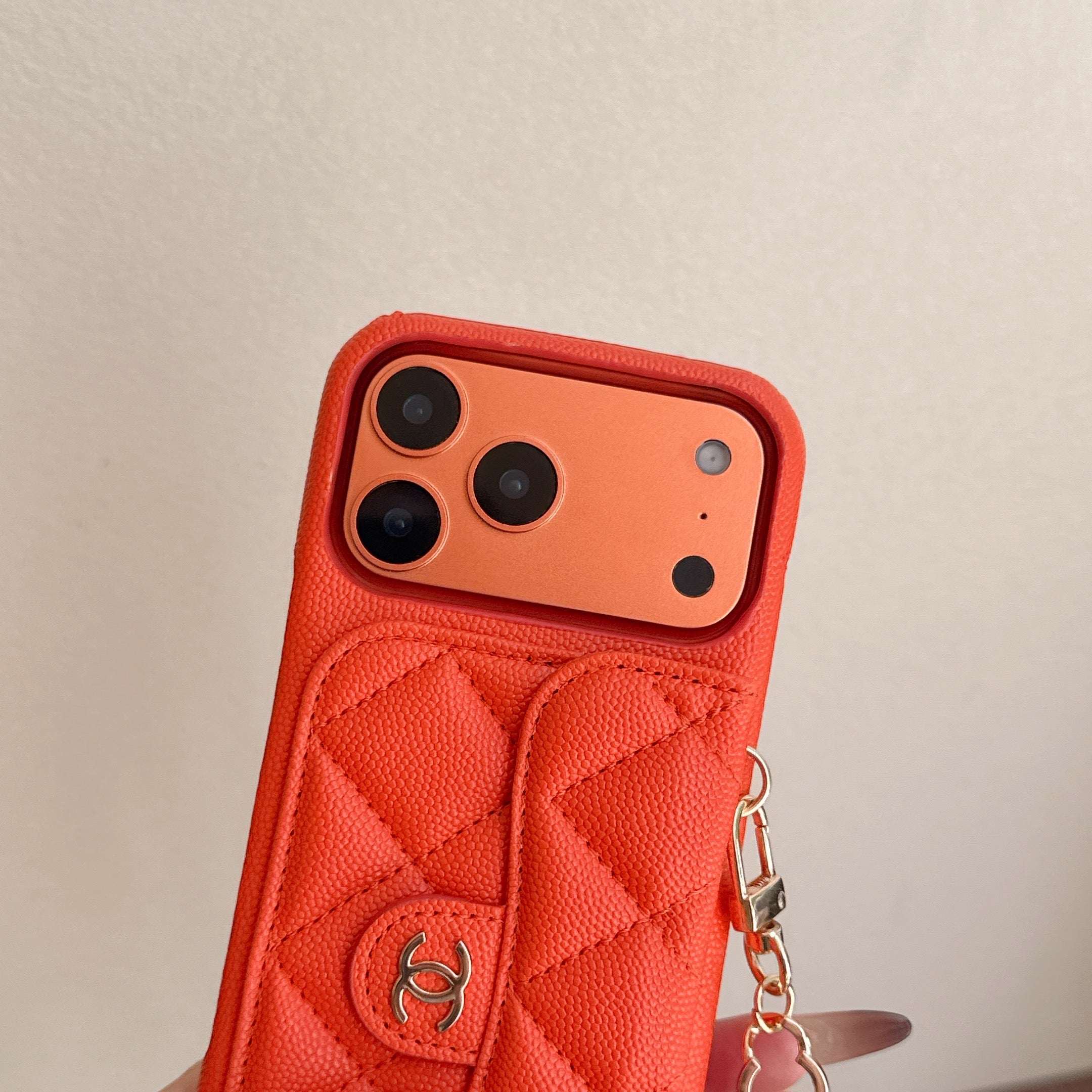 Textured Leather CC iPhone Case With Wallet And Wrist Strap Orange For iPhone 17 Series-CYCC046