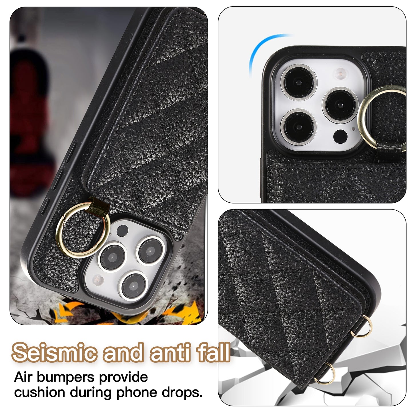 Leather iPhone Cases With Card Holder And Strap（With Mirror）Black-BC25033