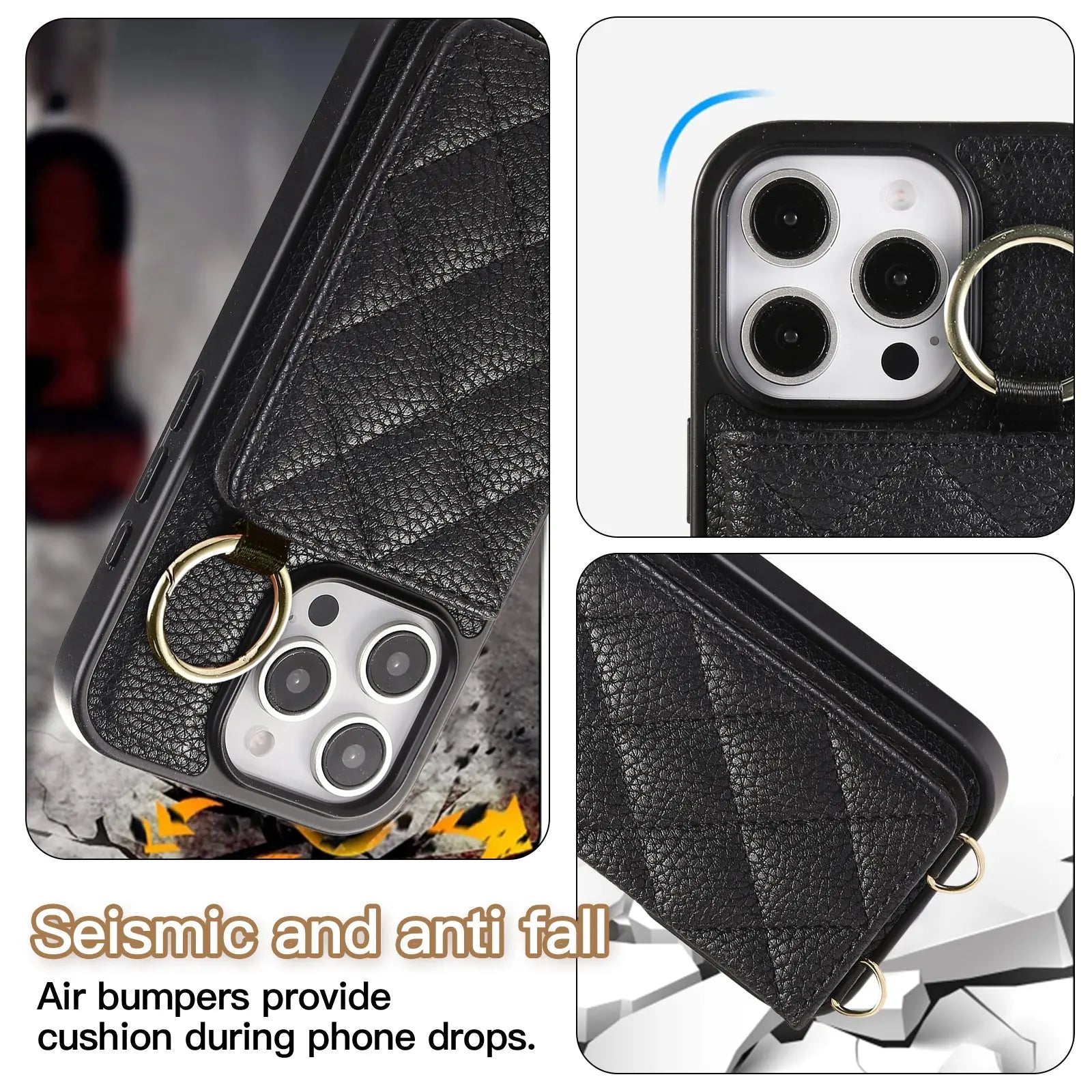 Leather iPhone Cases With Card Holder & Mirror And Strap Black-BC25033 Burycase