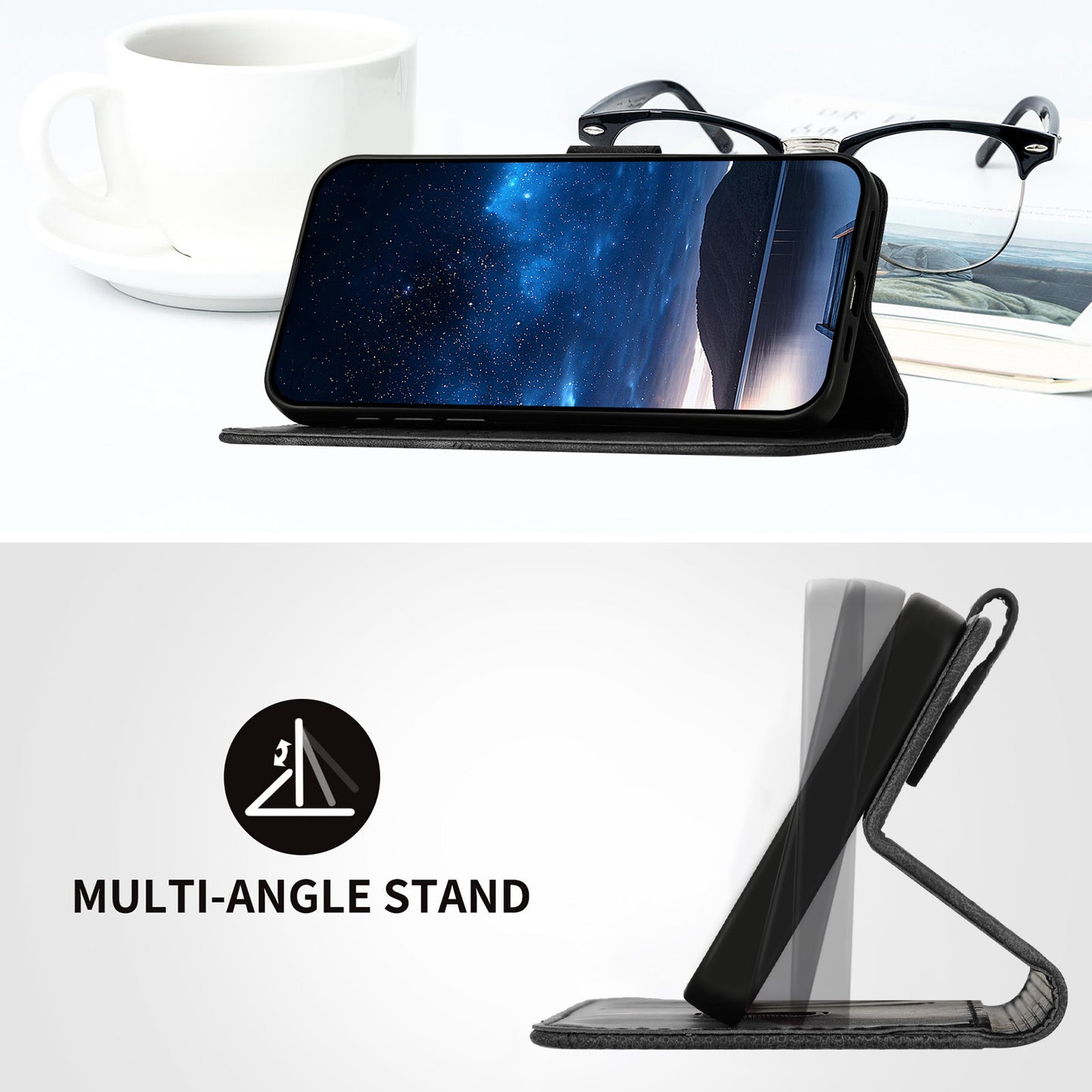 Leather iPhone Cases With Card Holder and Wrist Strap Black-BC25084