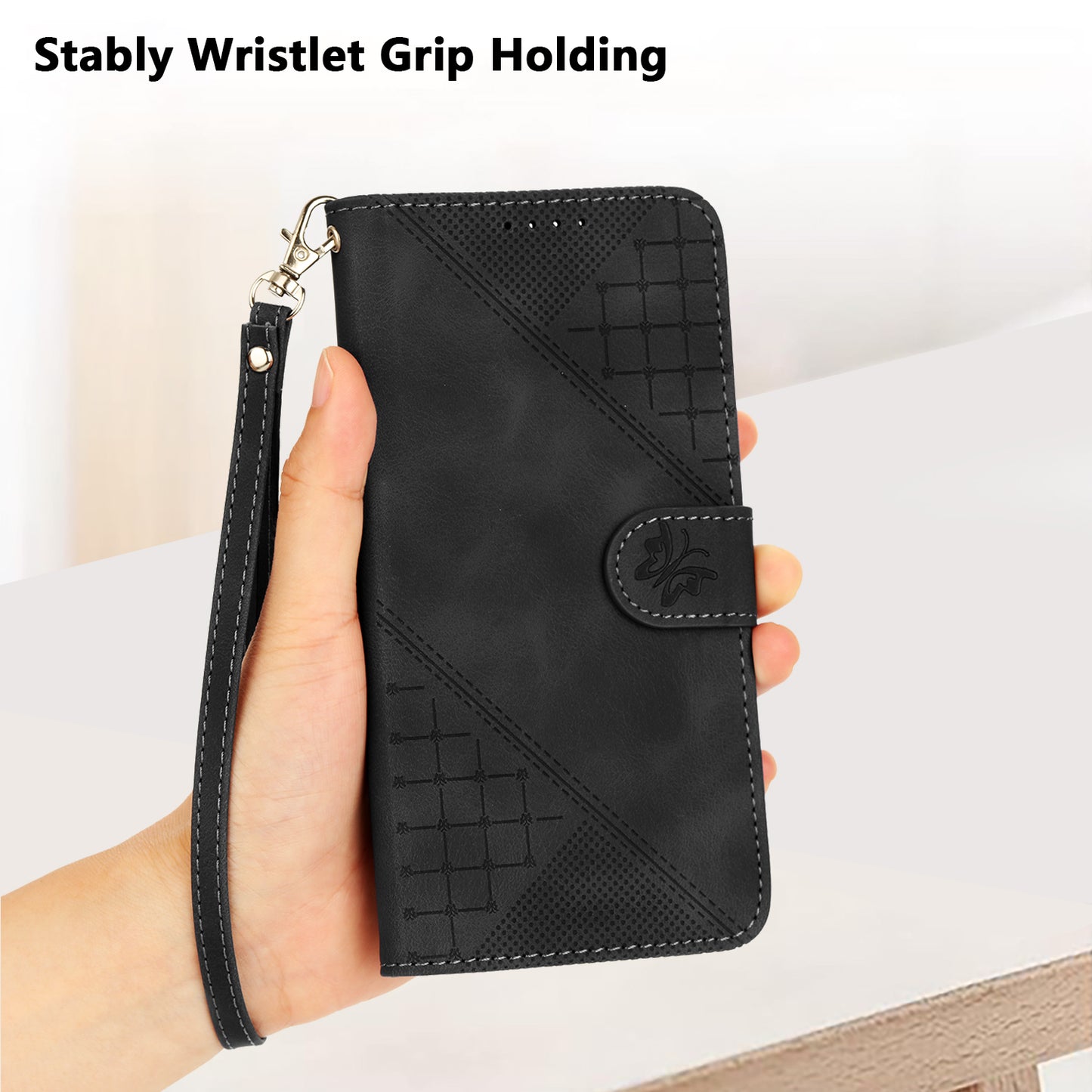 Leather iPhone Cases With Card Holder and Wrist Strap Black-BC25084