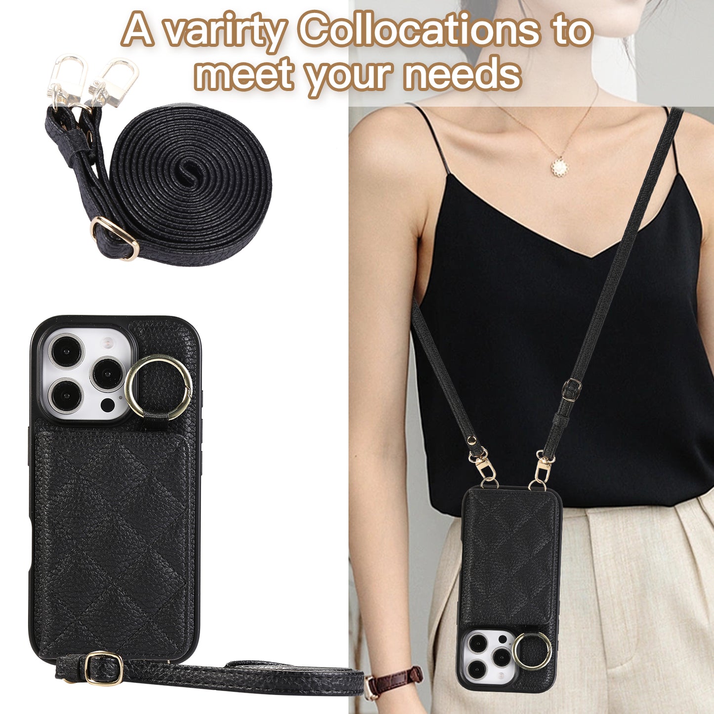 Leather iPhone Cases With Card Holder And Strap（With Mirror）Black-BC25033