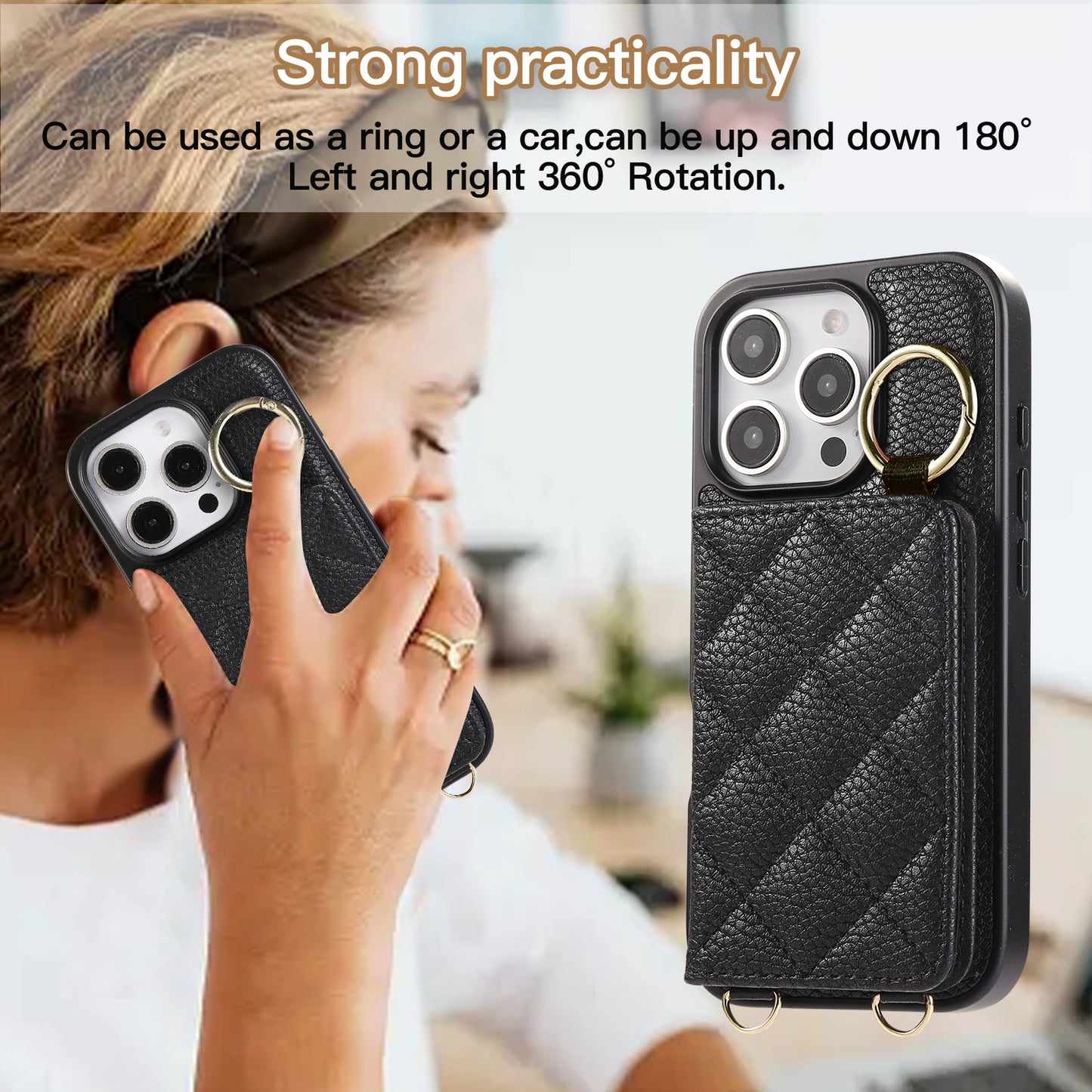 Leather iPhone Cases With Card Holder And Strap（With Mirror）Black-BC25033
