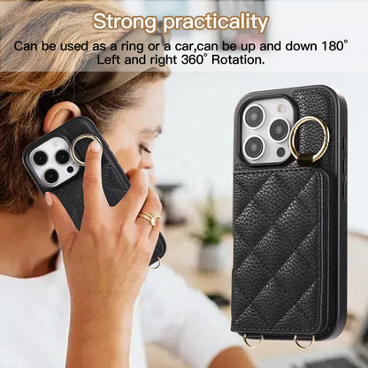 Leather iPhone Cases With Card Holder And Strap（With Mirror）Black-BC25033