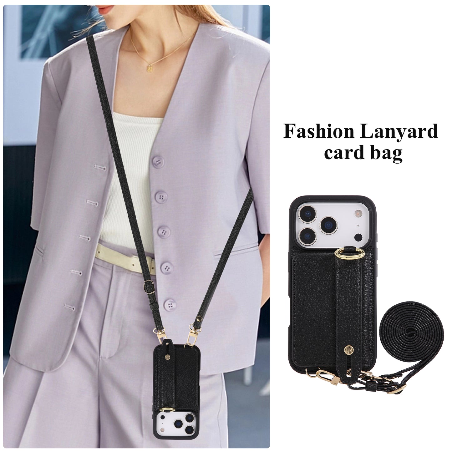 iPhone Case With Card Holder And Strap（With Holder）Black -BC25036