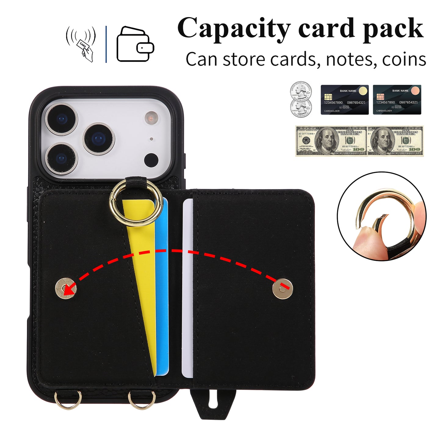 iPhone Case With Card Holder And Strap（With Holder）Black -BC25036