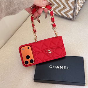 Textured Leather CC iPhone Case With Wallet And Wrist Strap Orange For iPhone 17 Series-CYCC046