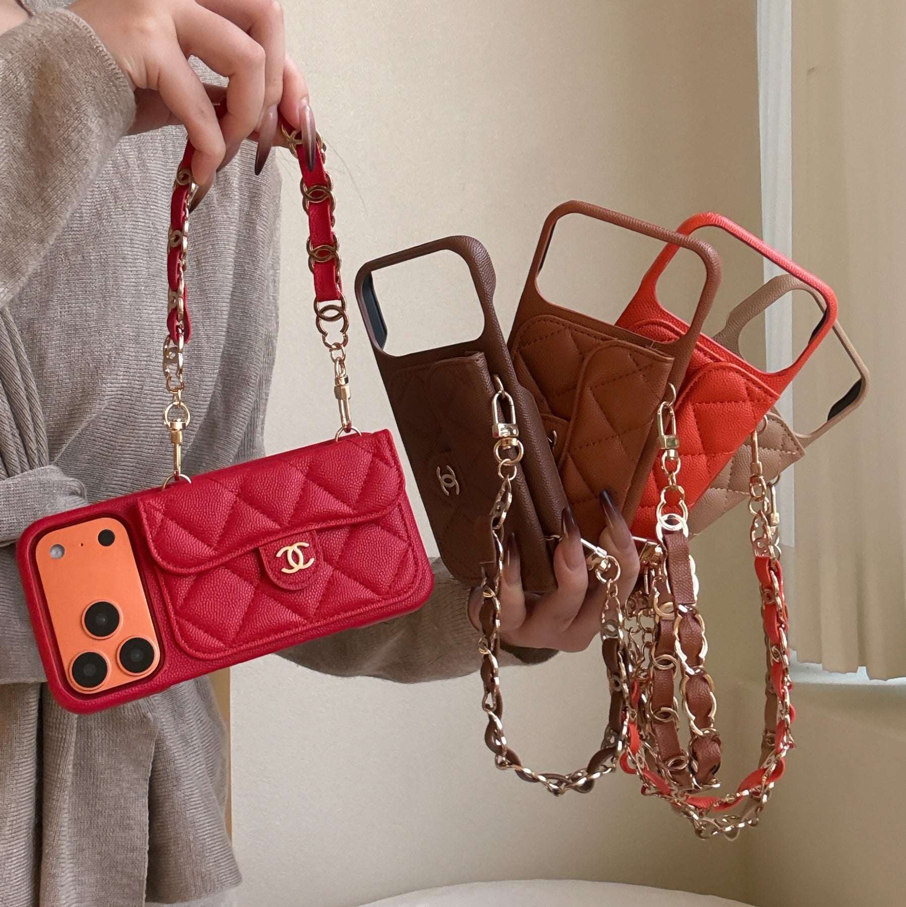 Textured Leather CC iPhone Case With Wallet And Wrist Strap Brown For iPhone 17 Series-CYCC045