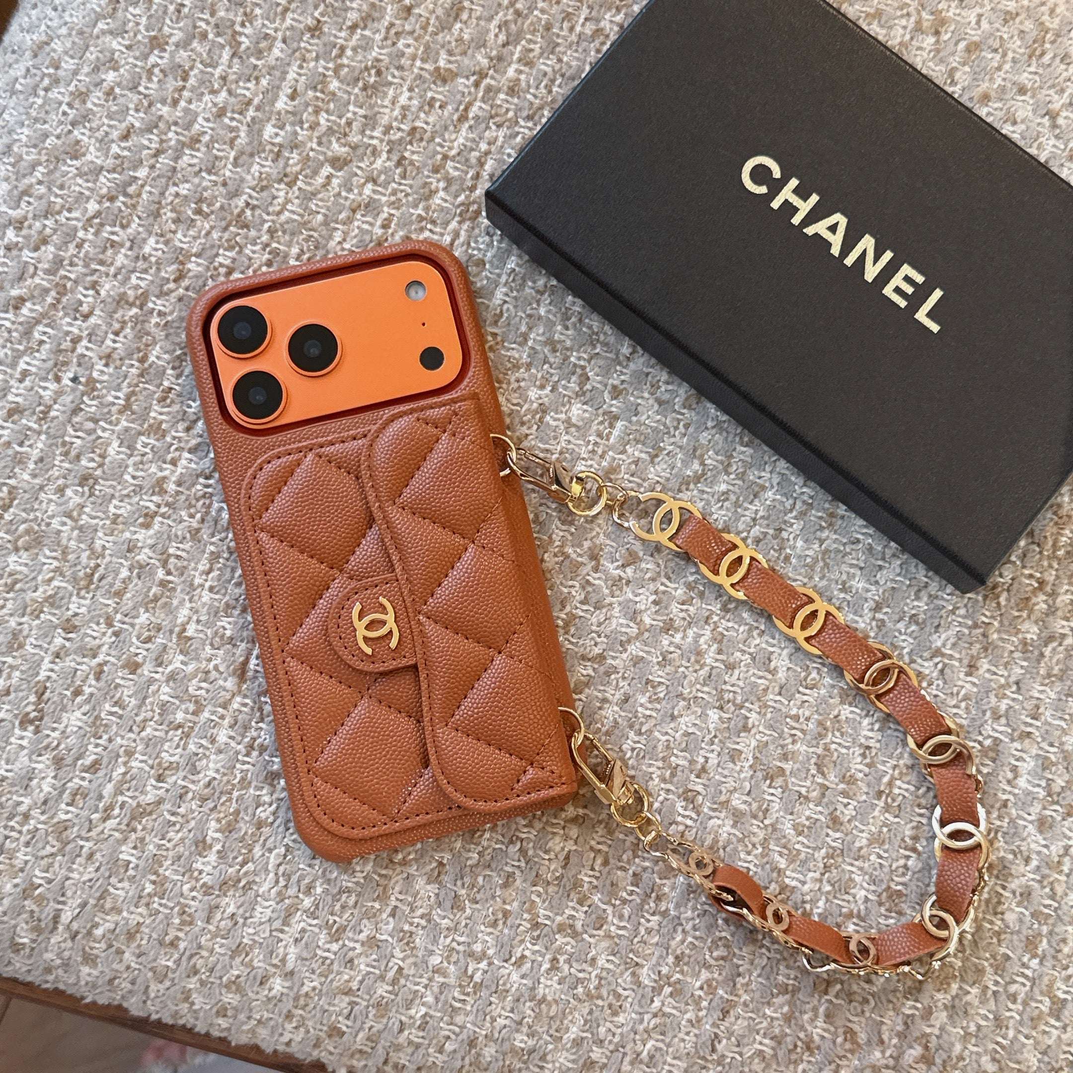 Textured Leather CC iPhone Case With Wallet And Wrist Strap Brown For iPhone 17 Series-CYCC045