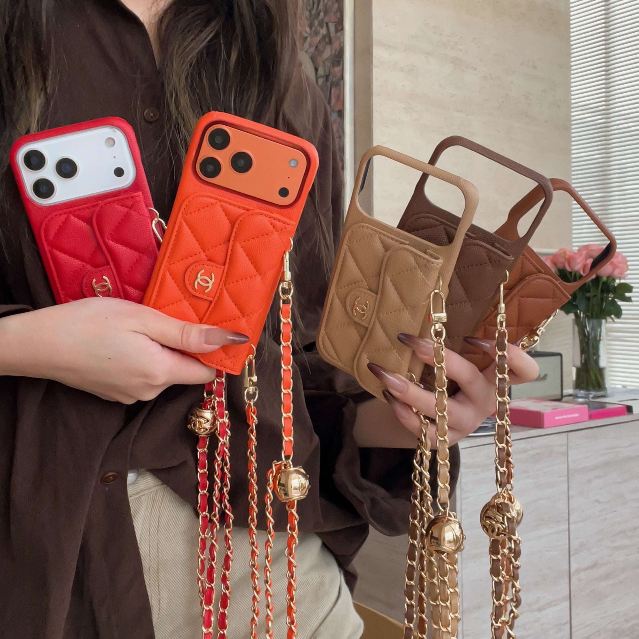 Elegant Leather CC iPhone Case With Wallet And Crossbody Strap Coffee For iPhone 17 Series-CYCC047