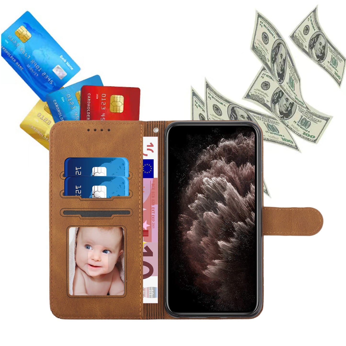 Leather iPhone Cases With Flip Wallet and Wrist Strap Brown -BC25049