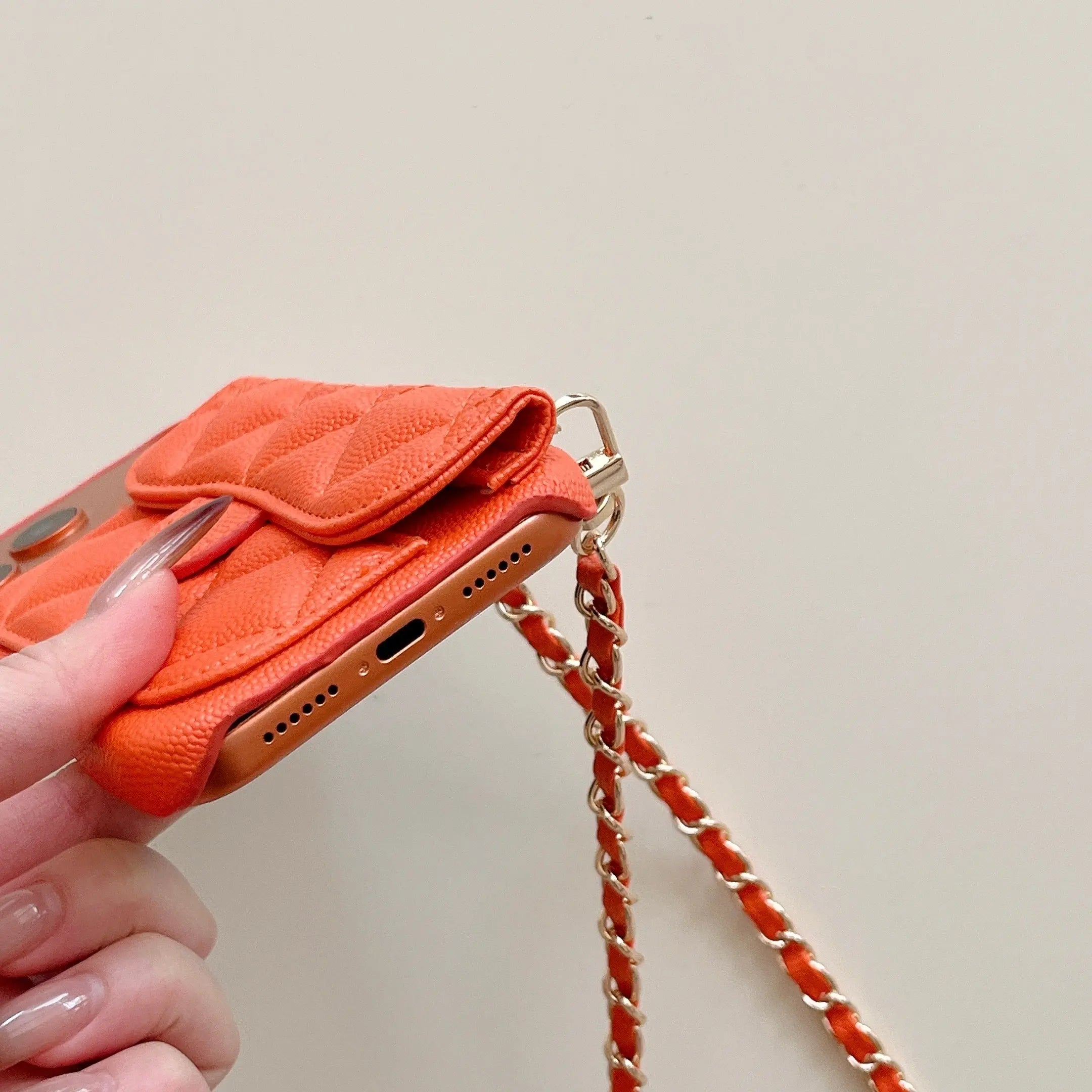 Leather iPhone Case With Wallet And Crossbody Strap Orange-BC25023 Burycase