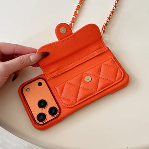 Leather iPhone Case With Wallet And Crossbody Strap Orange-BC25023 Burycase