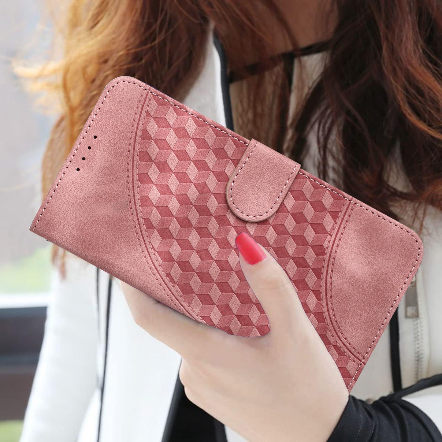 Leather iPhone Cases With Card Holder and Wrist Strap Pink-BC25073