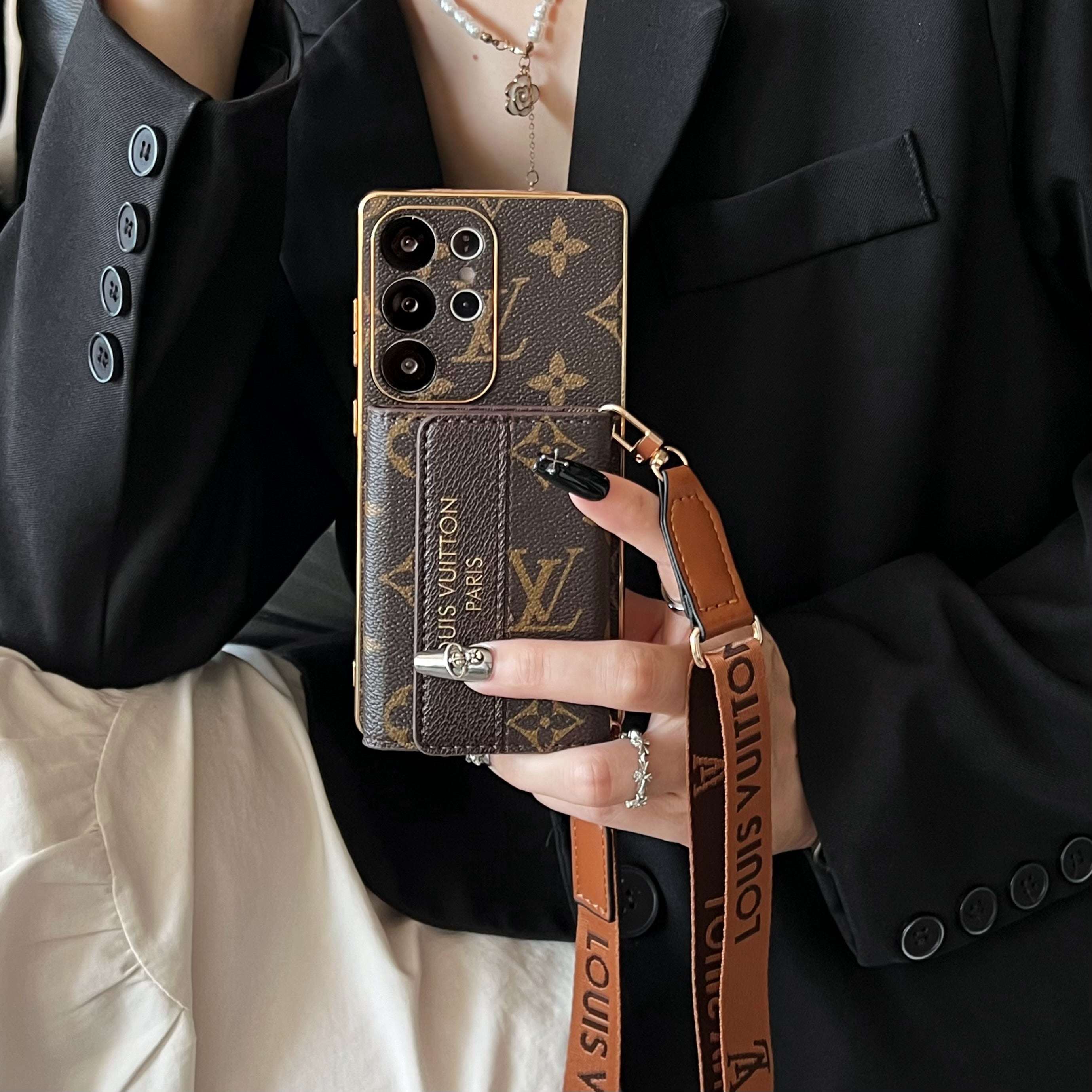 Leather Monogram Samsung Galaxy S Series Case With Wallet And Crossbody Strap-CYLV094