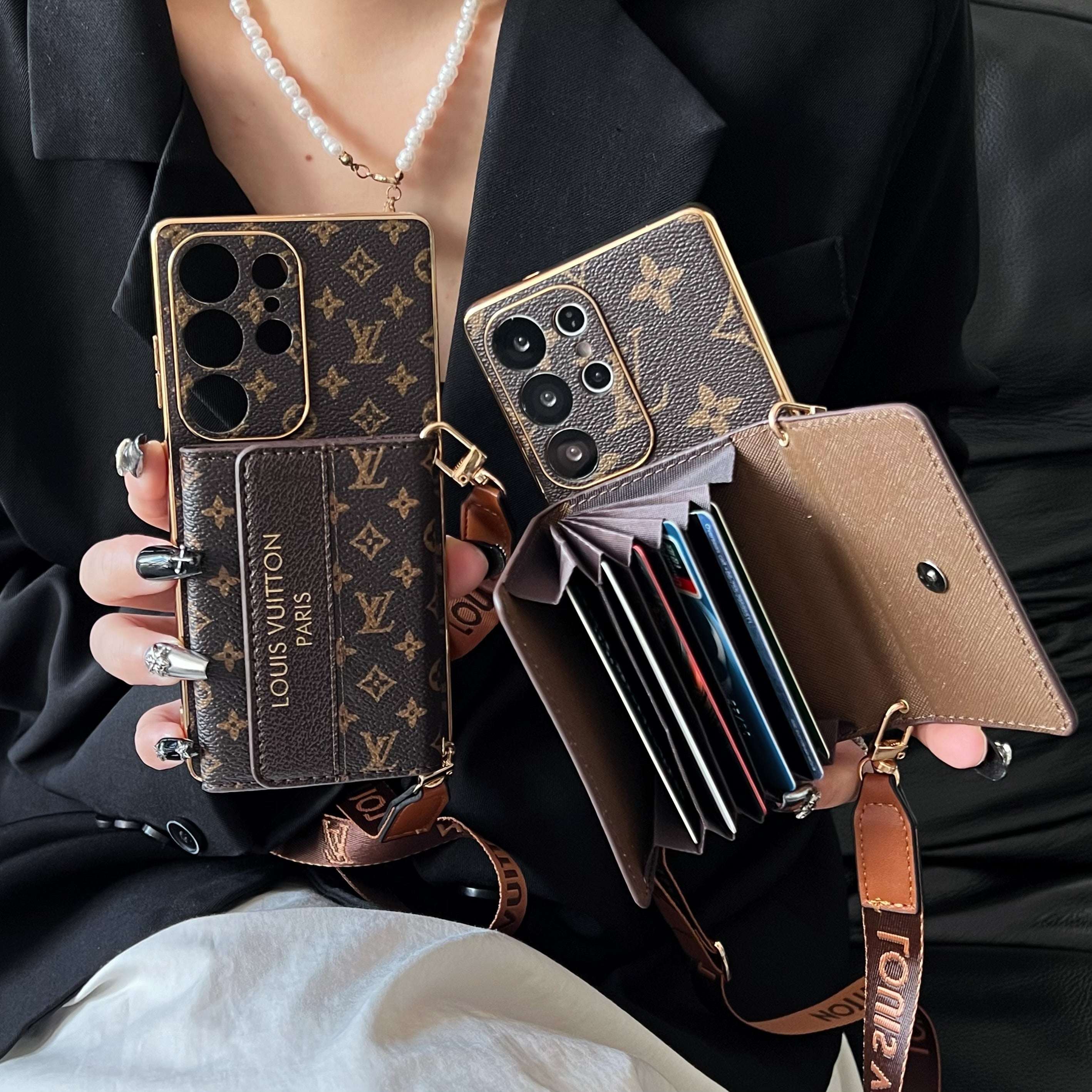 Leather Monogram Samsung Galaxy S Series Case With Wallet And Crossbody Strap-CYLV094