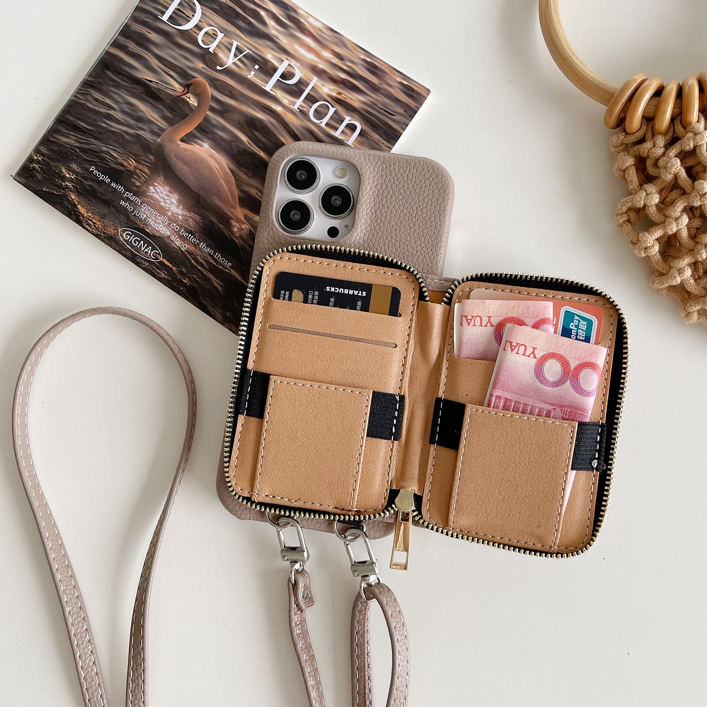 Classic Phone Case With Zip Wallet And Strap For iPhone Coffee-JDK241031