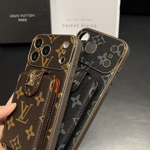 Elegant Leather Monogram iPhone Case With Card Holder And Strap For iPhone 17 Series-CYLV007