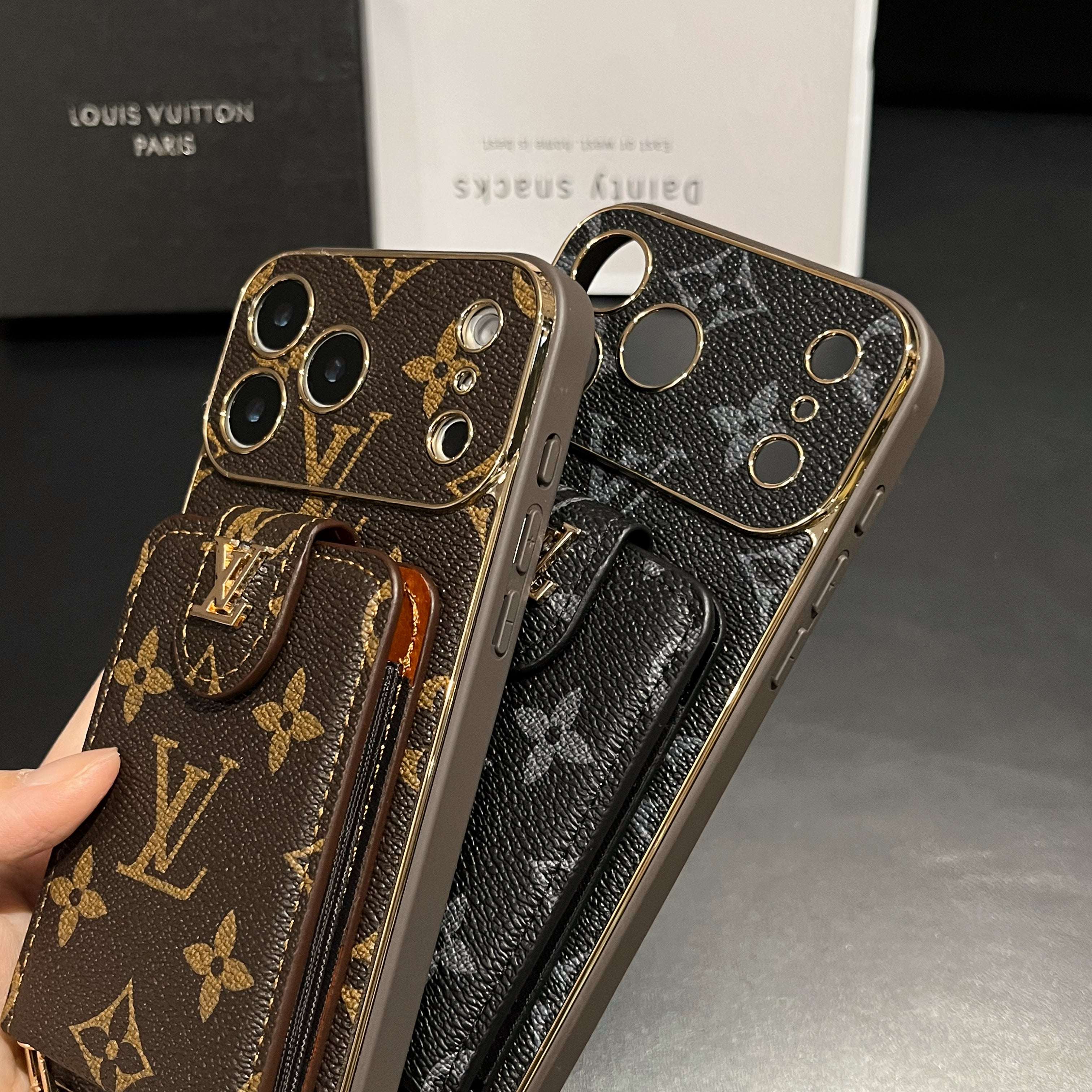 Elegant Leather Monogram iPhone Case With Card Holder And Strap For iPhone 17 Series-CYLV007