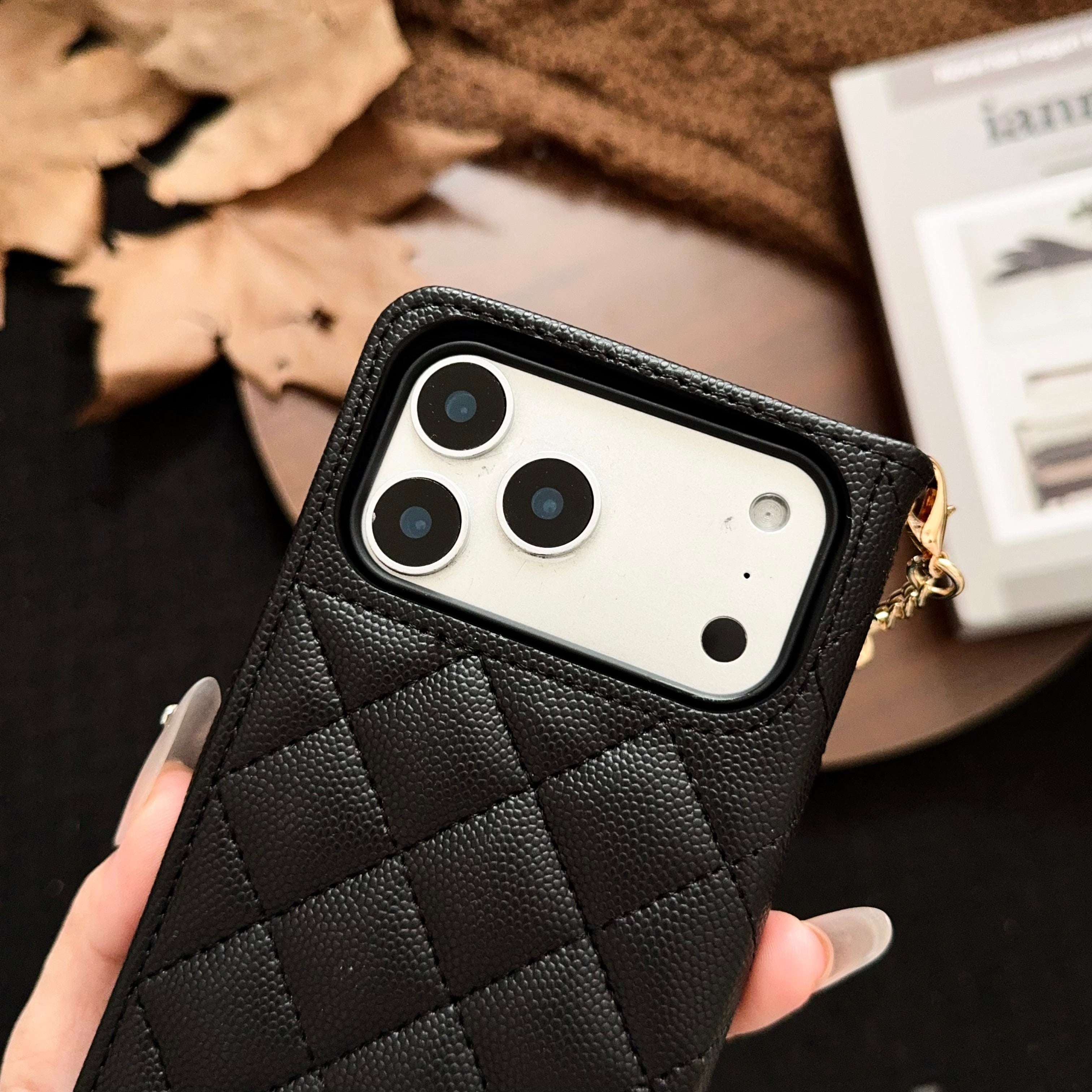 Luxury CC iPhone Case With Flip Wallet Black For iPhone 17 Series-CYCC010
