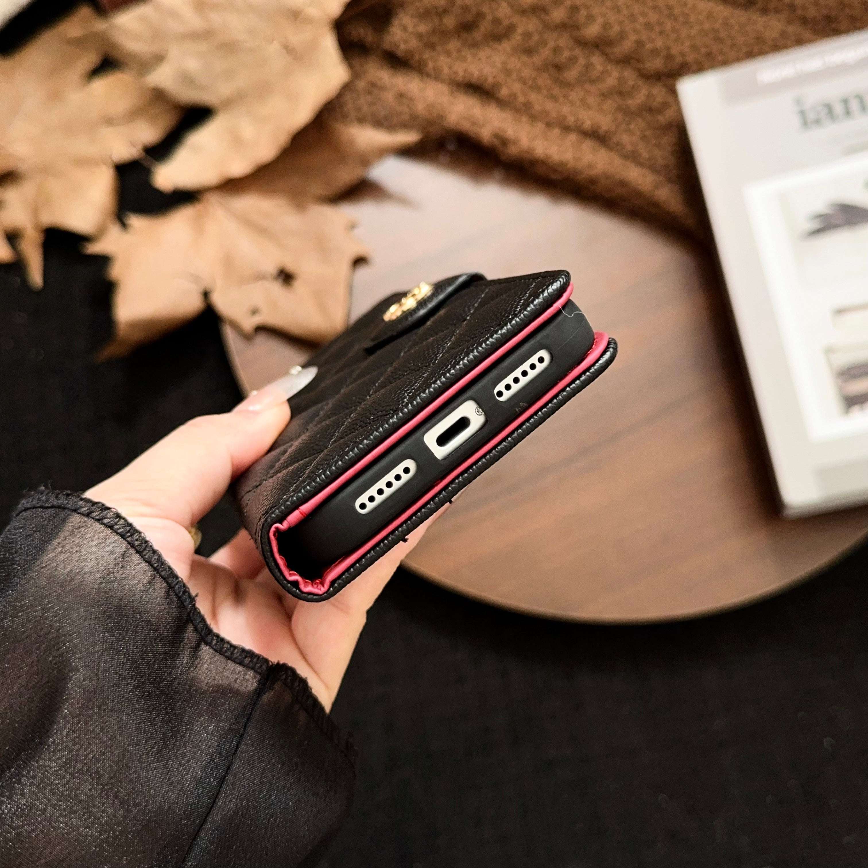 Luxury CC iPhone Case With Flip Wallet Black For iPhone 17 Series-CYCC010