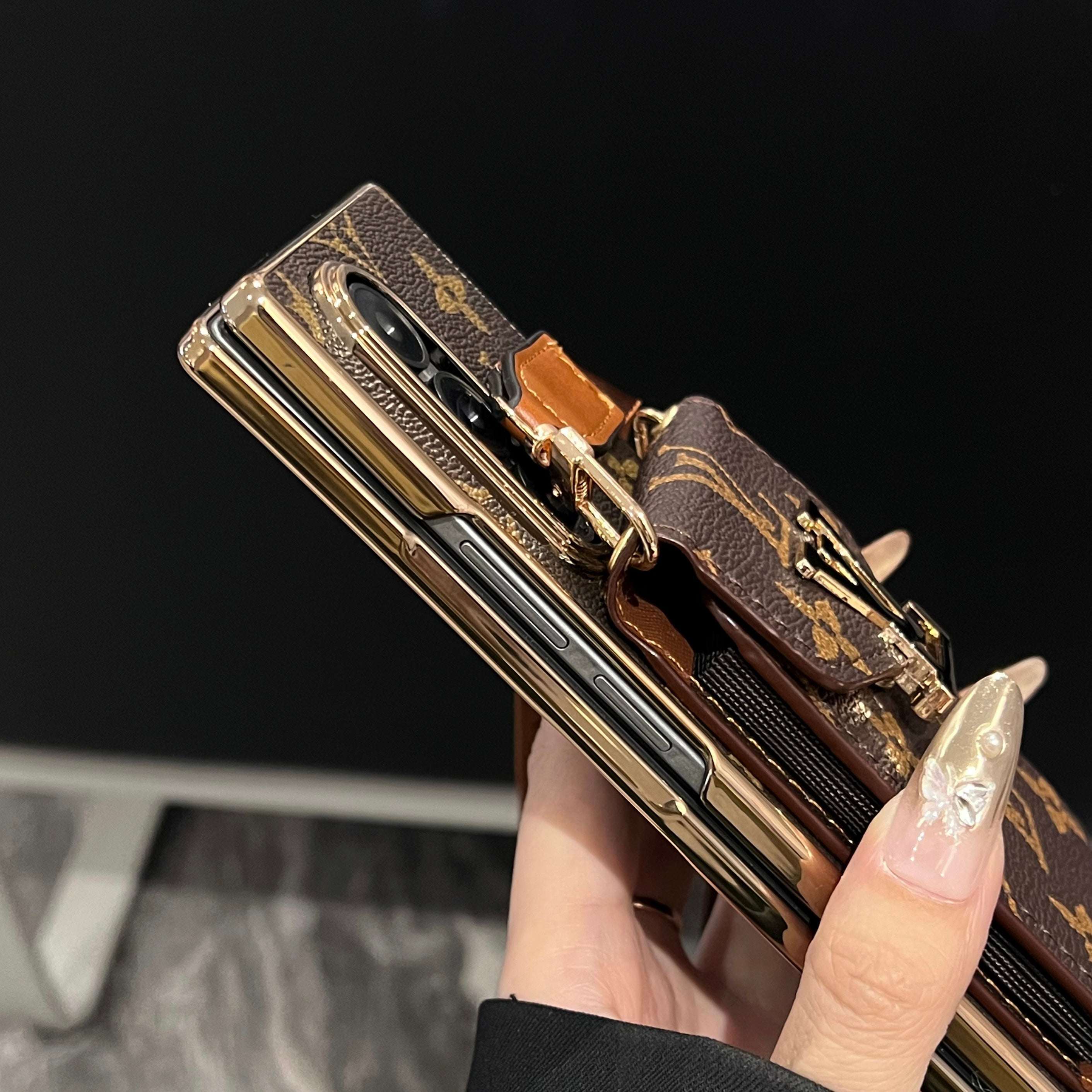 Luxury Monogram Samsung Galaxy Z Fold Series Case With Card Holder And Strap-CYLV085