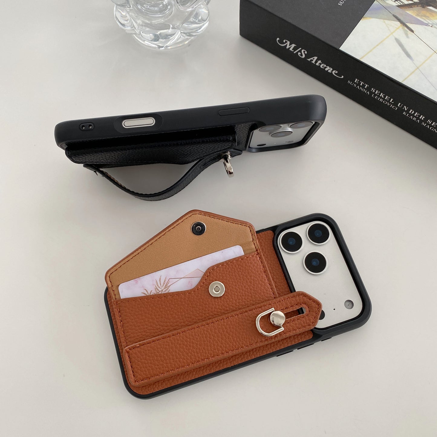 Leather iPhone Case with Wrist Strap and Card Holder Brown– BC25018