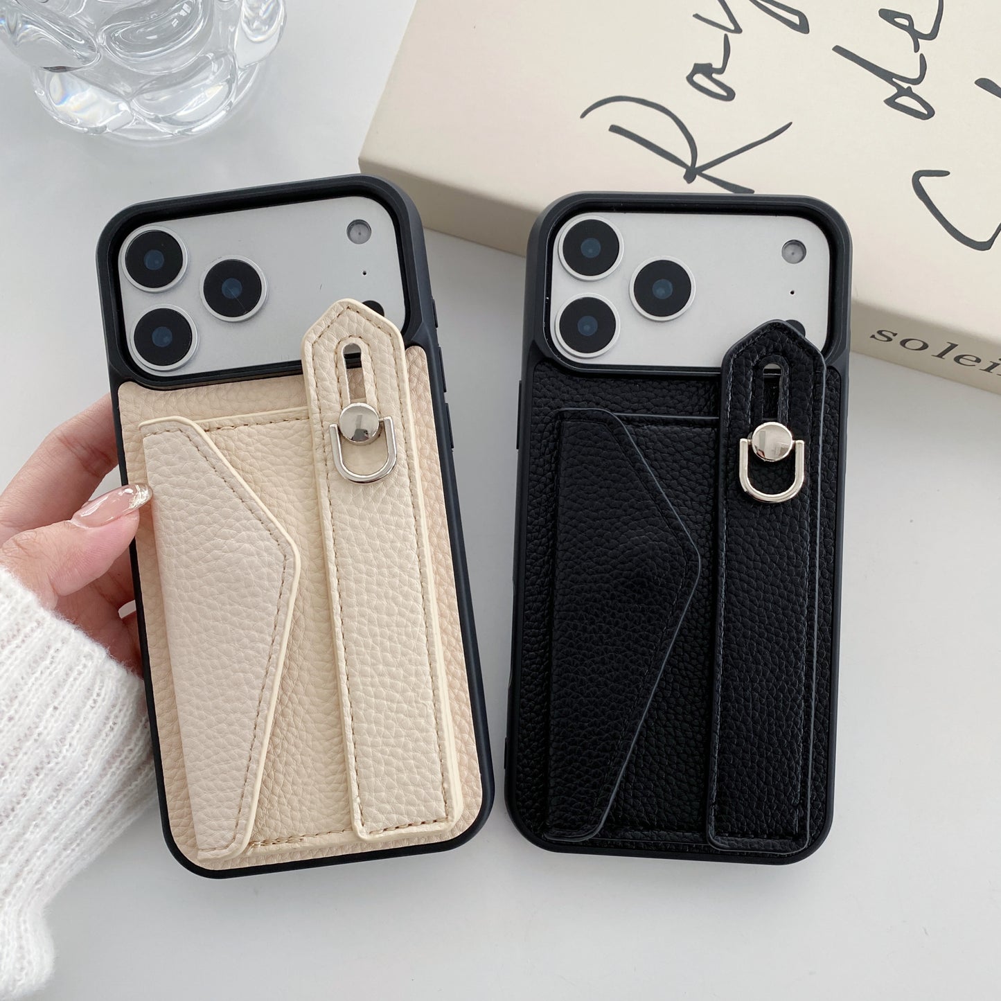 Leather iPhone Case with Wrist Strap and Card Holder Brown– BC25018