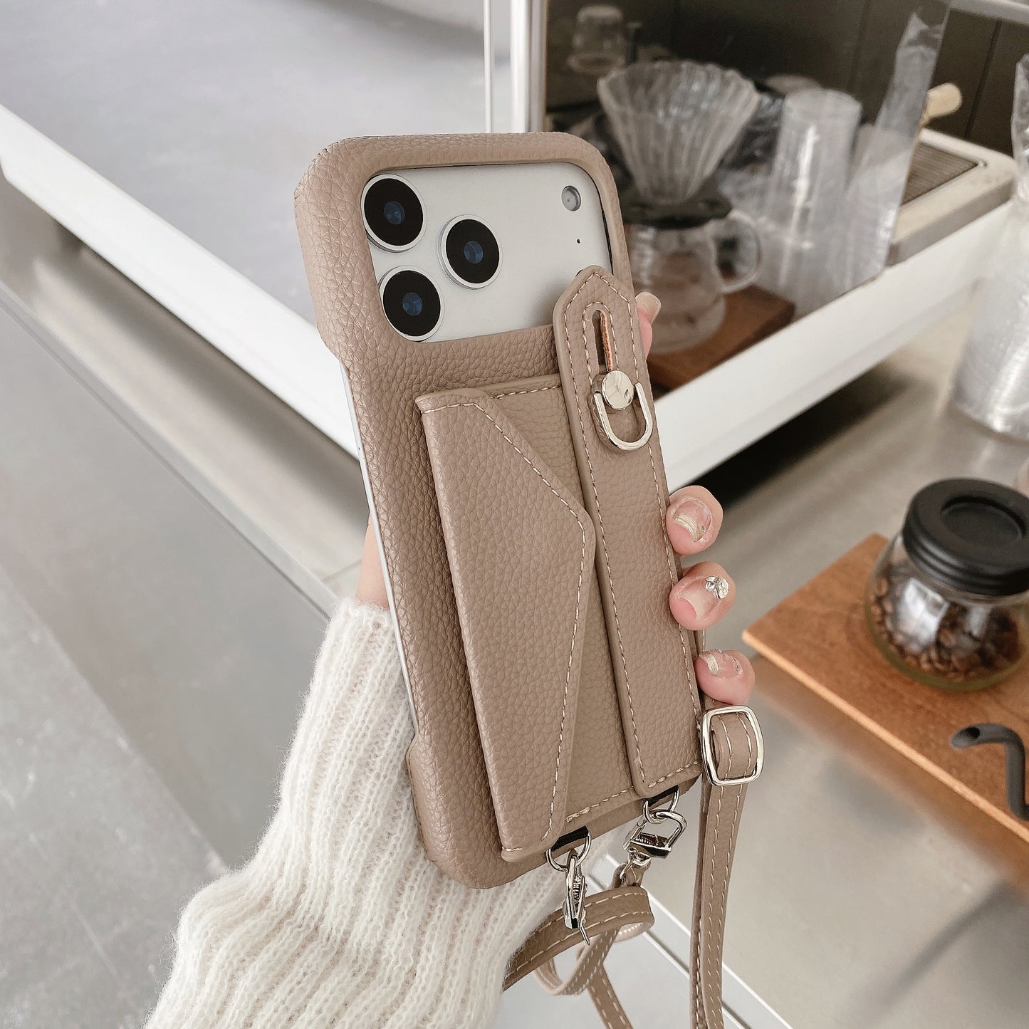 Leather iPhone Case with Card Holder And Strap Brown-BC25016