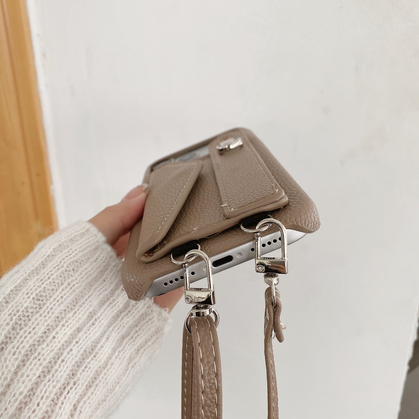 Leather iPhone Case with Card Holder And Strap Brown-BC25016