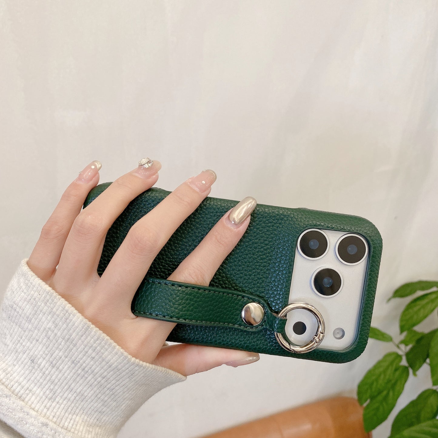 Leather iPhone Case with Wrist Strap And Holder Green-BC25015