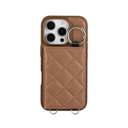 Leather iPhone Cases With Card Holder And Strap（With Mirror）Black-BC25033