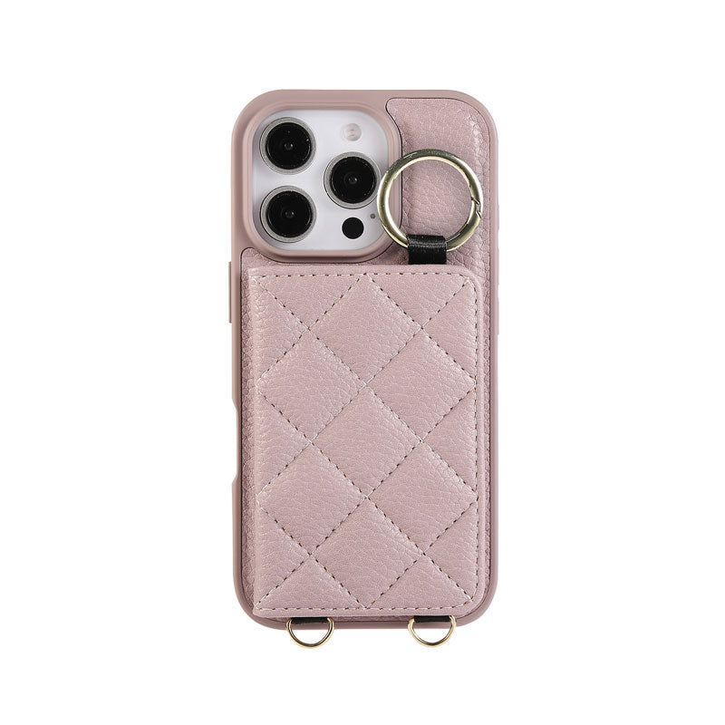 Leather iPhone Cases With Card Holder And Strap（With Mirror）Black-BC25033